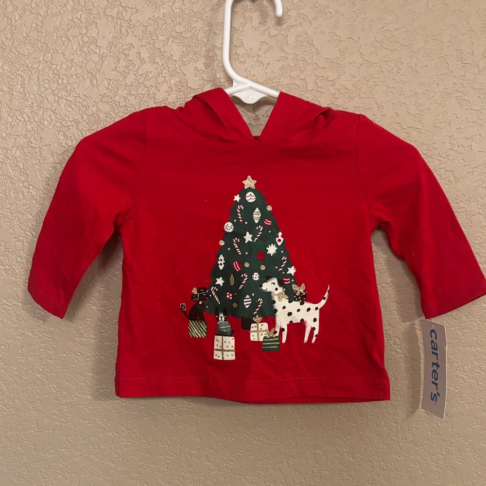 Carter's Festive Red Hoodie with Christmas Tree Design